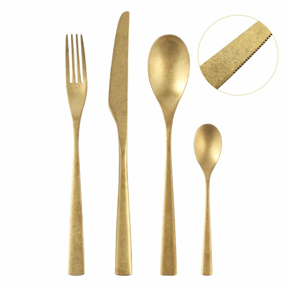 4 stk/sett retro bestikk middagssett gammelt servise 304 rustfritt stål gullgaffel skje kniv sett bestikk servise restaurant: Gull