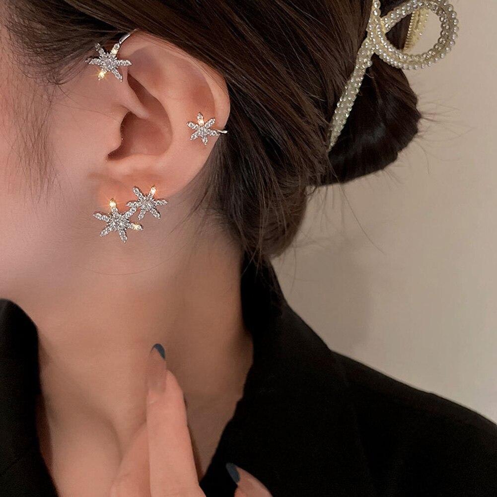 Korean Style Snowflake Ear Clips Without Piercing For Women Sparkling Zircon Ear Cuff Clip Earrings Wedding Party Jewelry