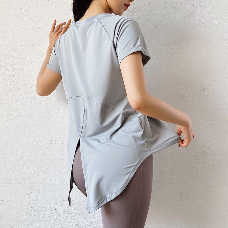 Women Summer Loose Short Sleeve Sport T Shirt Breathable Net Yarn Patchwork Back Fork Opening Quick Dry Running Yoga Shirt: gray blue / M