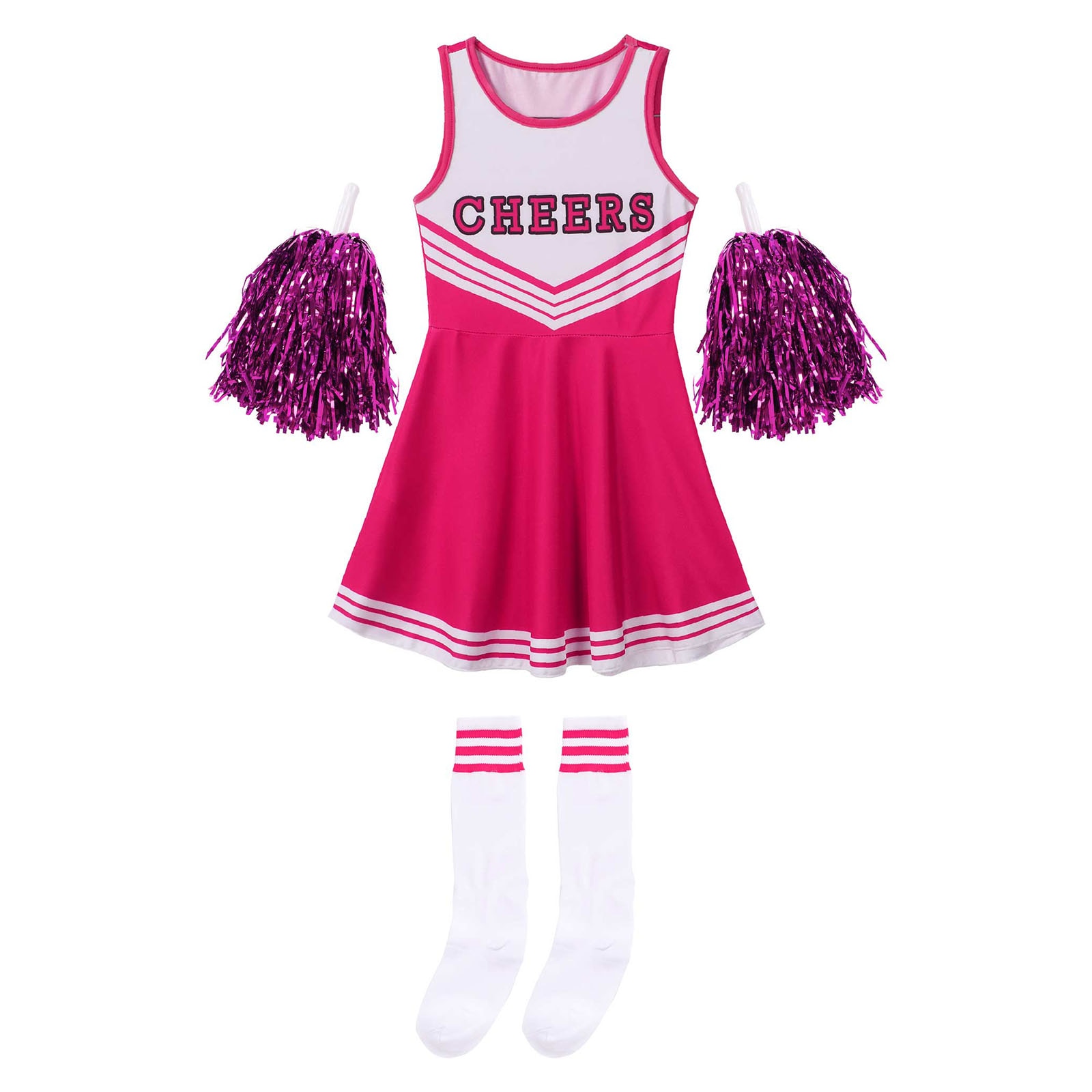 Uniforme de animadora para niños y niñas, traje de baile sin leeveless con cuello redondo y letras estampadas, vestido de baile, flores y calcetines