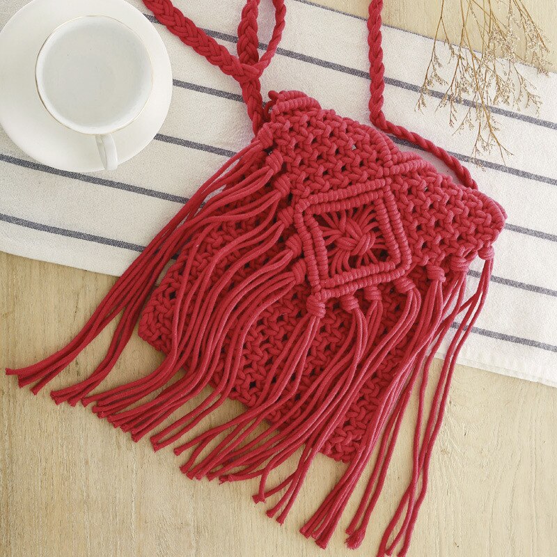 Fringe Tassel Crossbody Schoudertas Geweven Handgemaakte Boho Strand Reizen Handtas Voor Vrouwen: RED