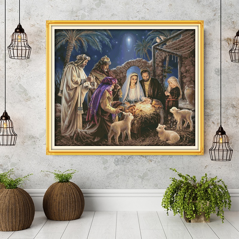 Kit de bordado de punto de cruz con de "el nacimiento del bebé Jesús", conjunto de costura de lienzo de Aida, decoración del hogar, herramientas de accesorios