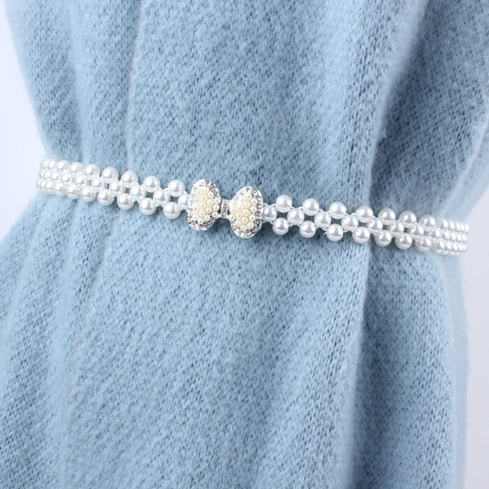 Correa de cadena fina con sello de elasticidad elástica de la cintura blanca para mujer, diamantes de imitación y perlas para decoración de falda, fajas de ,: 7