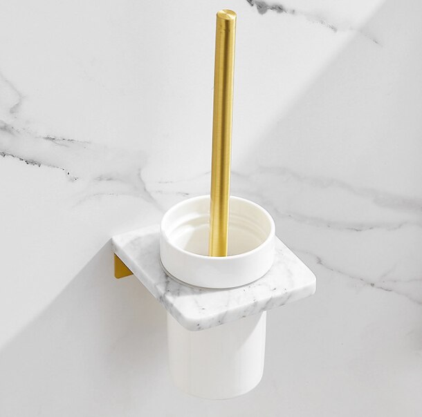 Luxury white marble bathroom towel rack brushed gold paper towel rack hardware paper holder corner shelf: toilet brush holder