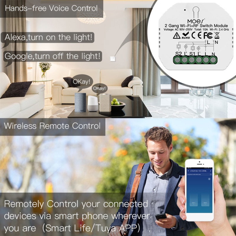 2 Gang 2 way WiFi Smart Light Switch WiFi+RF433 Smart Switch Module Tuya APP Remote Control Work with Alexa Google Home