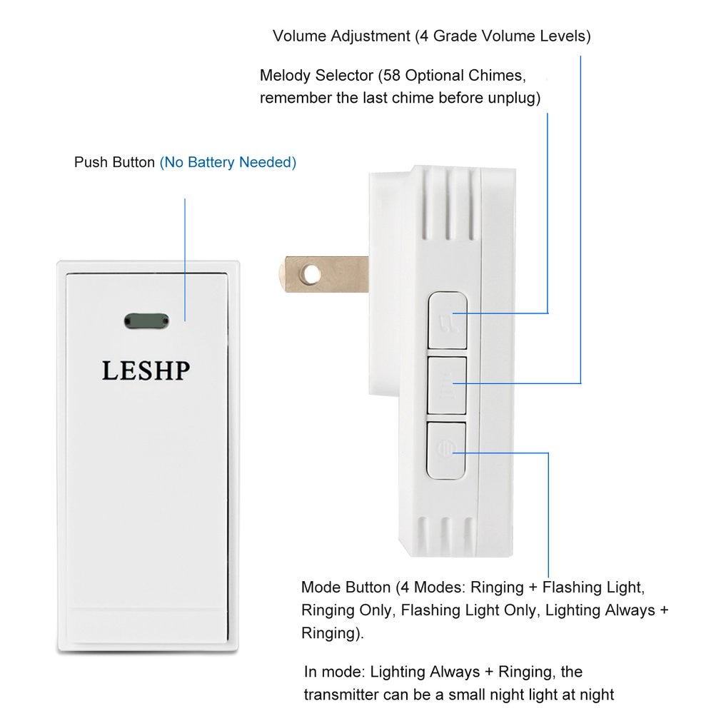 LESHP Smart Wireless Doorbell Home Intelligent Security Chimes Door Bell Alarm LED Light 58 Songs With Waterproof Touch Button