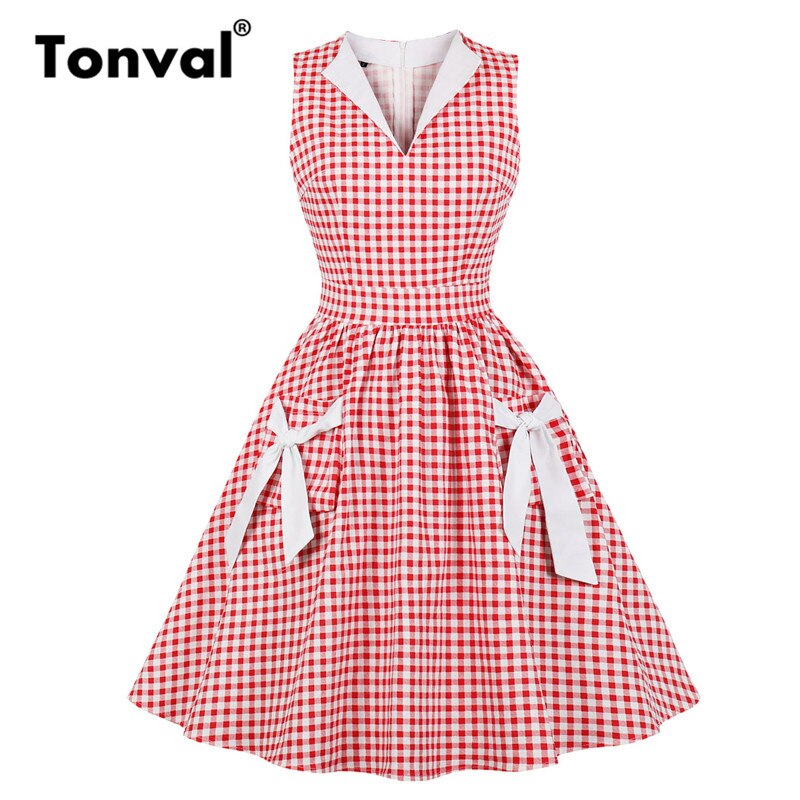Tonval retro 50s v-ringad gingham röd rockabilly klänning kvinnor slips ficka sida bomull veckad klänning pin up vintage rutiga klänningar