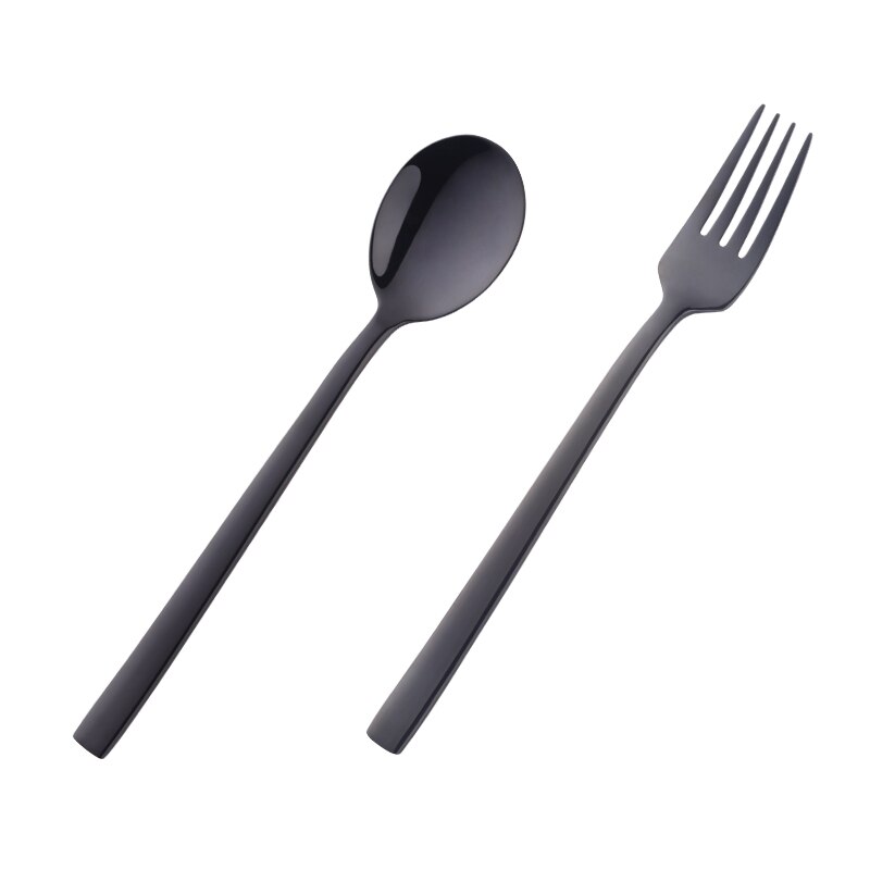 2PC Korean Spoon and Fork Set Stainless Steel Soup Spoon Blue Dinnerware With Long Handle Metal Gold Spoon And Fork: Black 1 Set