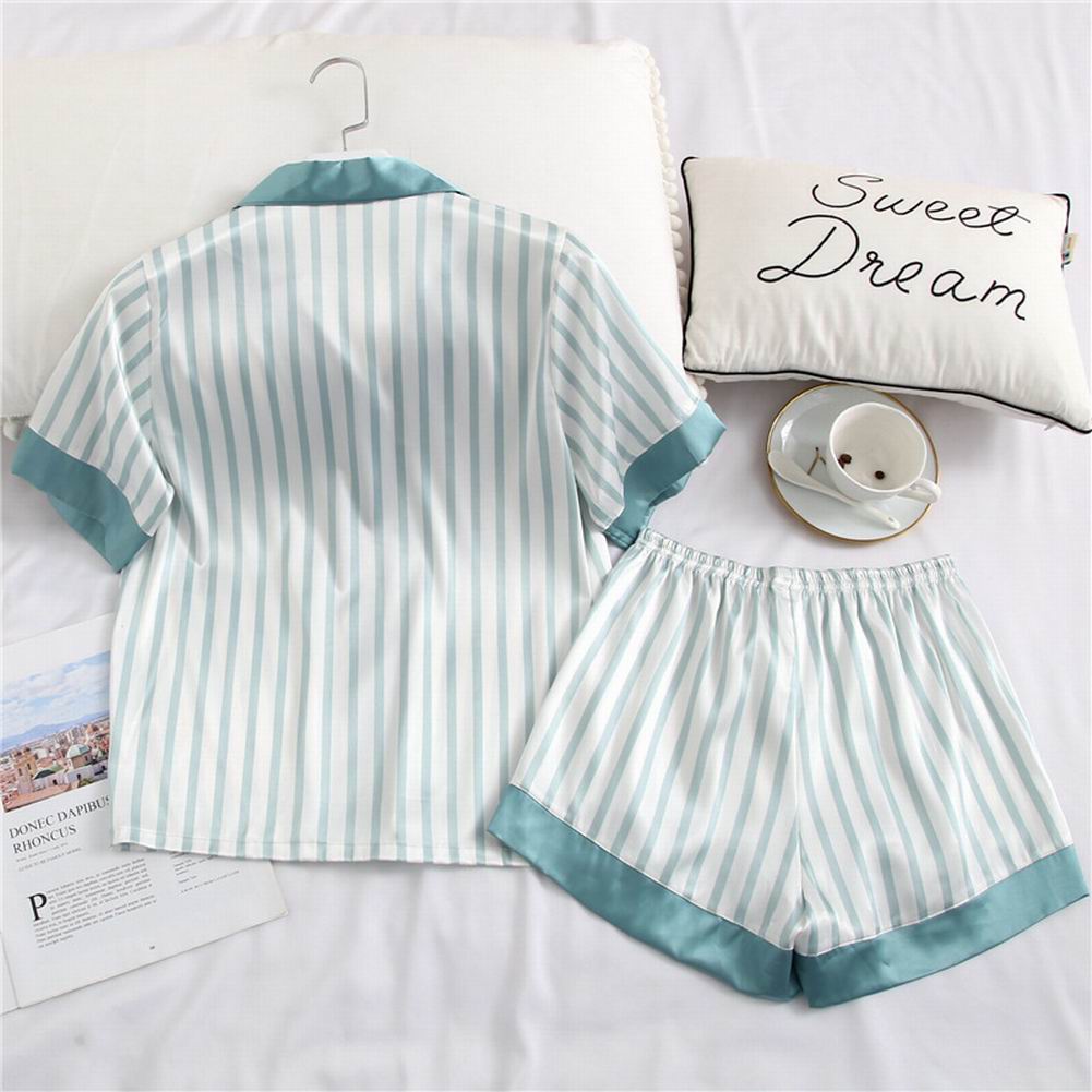 Women's Pajamas Set Stripe Short Sleeves Loose-Fit Two-Piece Nightwear Top and Shorts Set for Summer Skin-friendly Silk