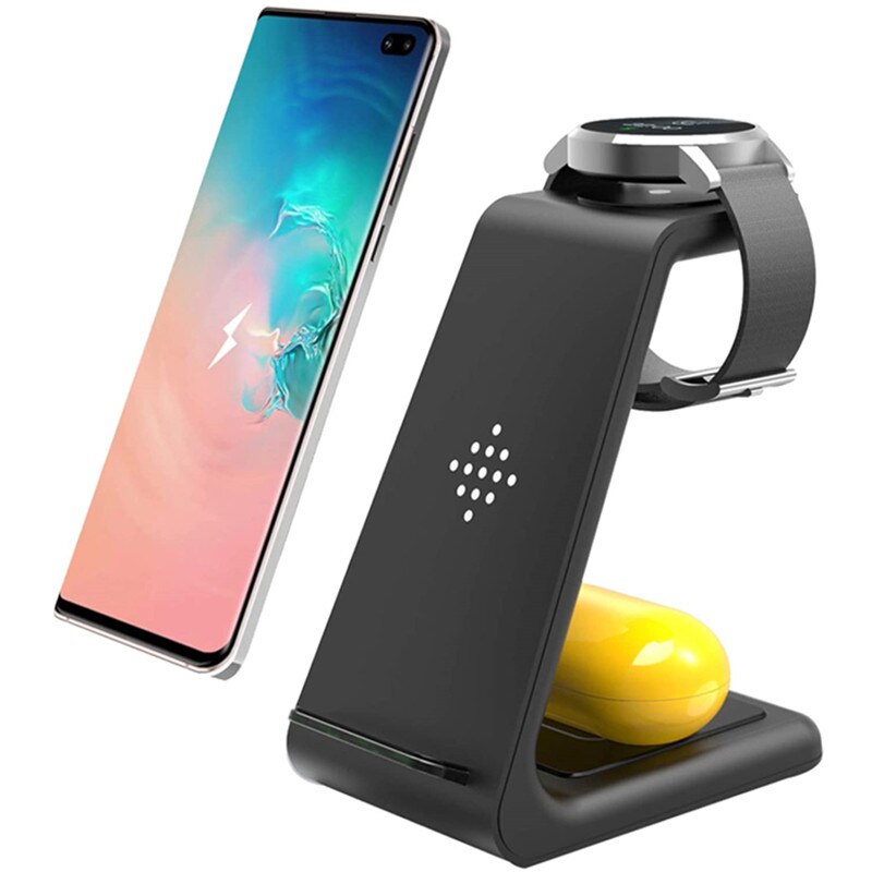 3 In 1 QI Wireless Charger Pad Dock Station Stand for Samsung S20 S21 Galaxy Watch 3 Active 2 Gear S3 Buds+ Live Fast Charging: black