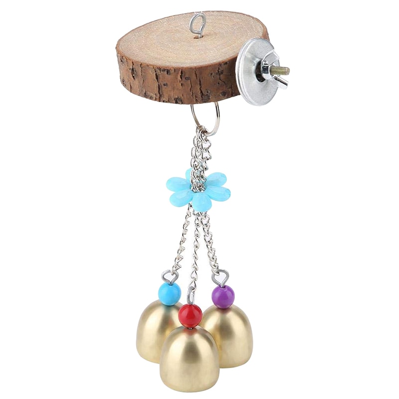 1Pc Bird Papegaai Speelgoed Met 3 Ring Bells Natuurlijke Houten Papegaaien Swing Bird Perch Opknoping Schommels Kooi Met Kleurrijke kralen Klokken Speelgoed