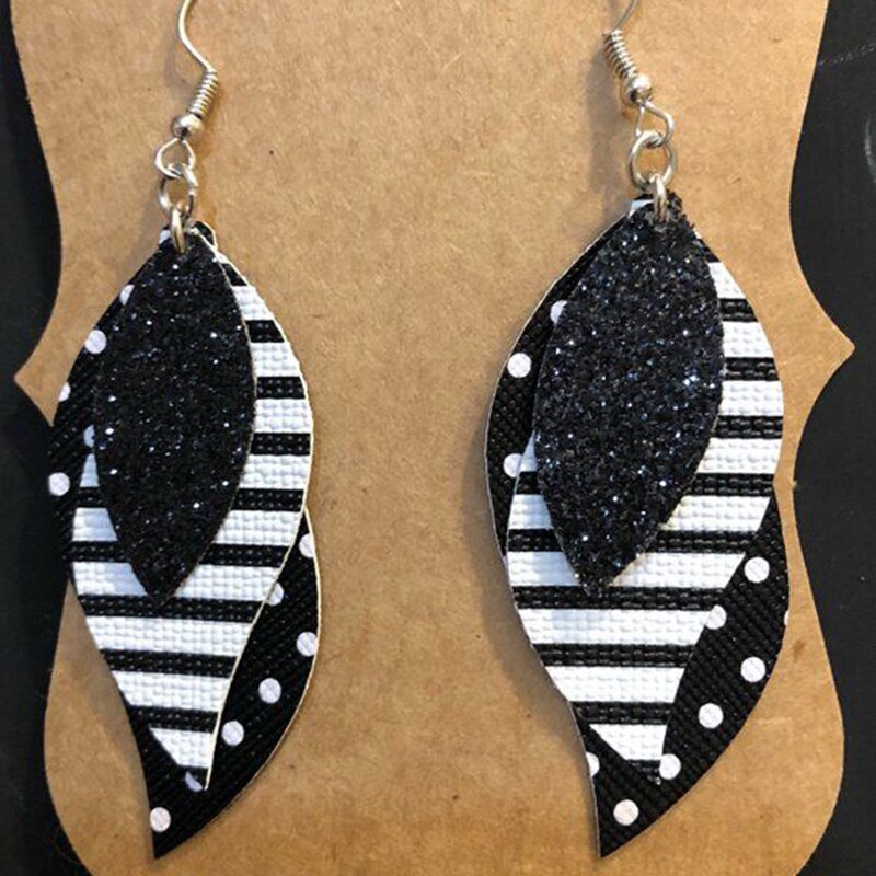 Custom Layered Glitter Dots Feather Leather Earrings Three Layer Glitter Black and White Striped Fringe Leaf Earrings