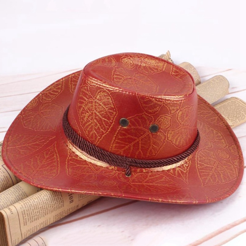 Klassieke western cowboyhoed voor heren en dames, pu-leren brede rand, outdoor zonnehoed met verstelbare vetersluiting, ademende gaten