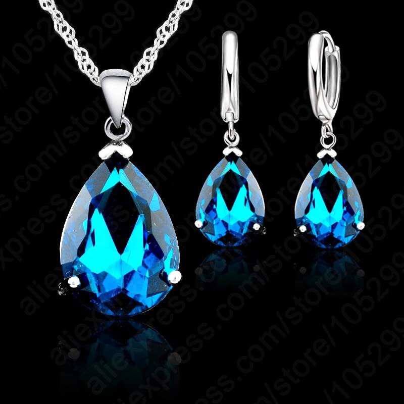 Vand kvinde fest bryllup smykker 925 sterling sølv cubic zircon øreringe halskæde sæt 9 farver: Zirkonblå