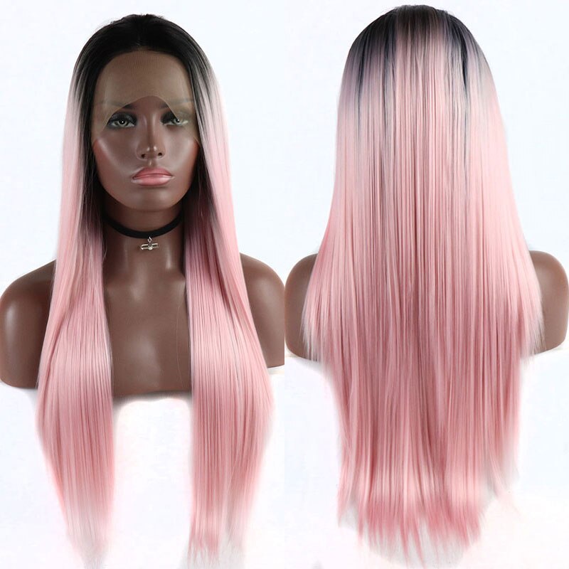Bombshell Silk Straight Synthetic 13*3 Lace Front Wig Black Ombre Pink Heat Resistant Fiber Hair Natural Hairline For Women Wigs