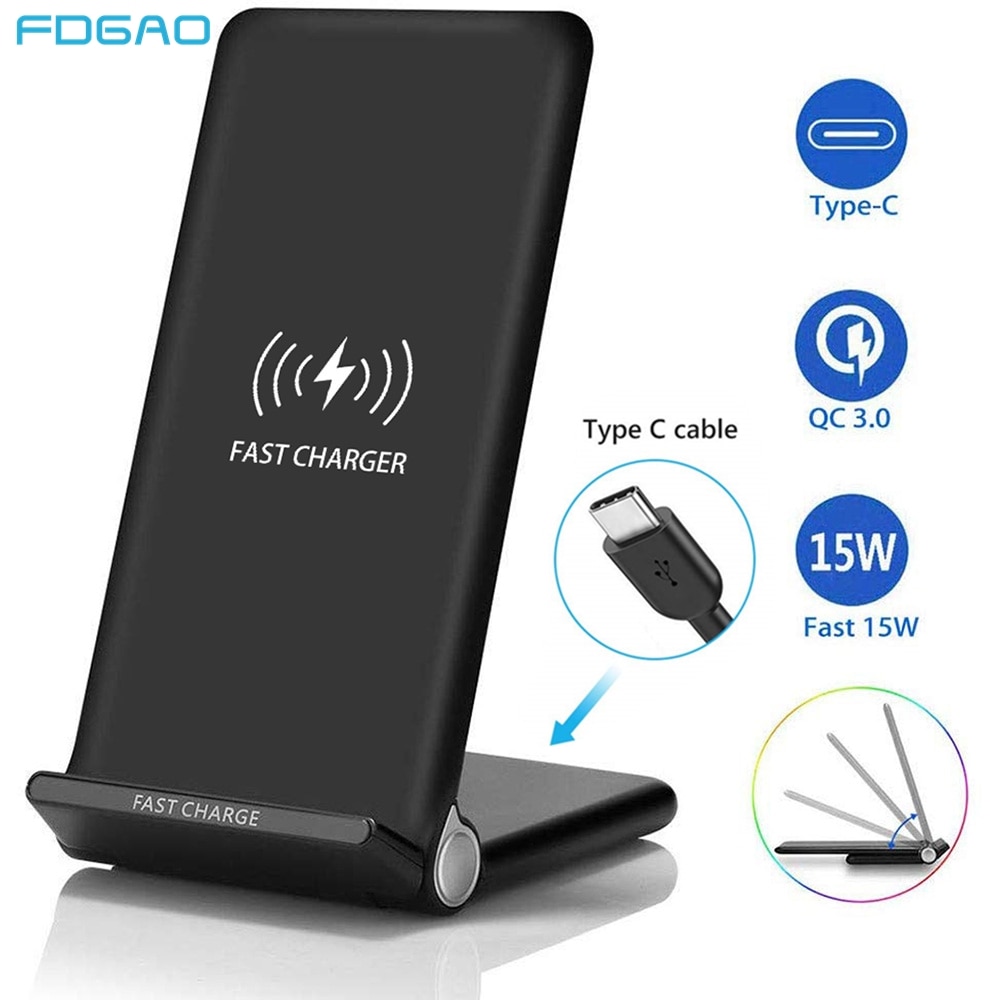 FDGAO 15W Wireless Charger Stand USB C Qi Fast Charging Pad Dock Station Phone Holder for iPhone 11 Pro XS XR X 8 Samsung S10 S9