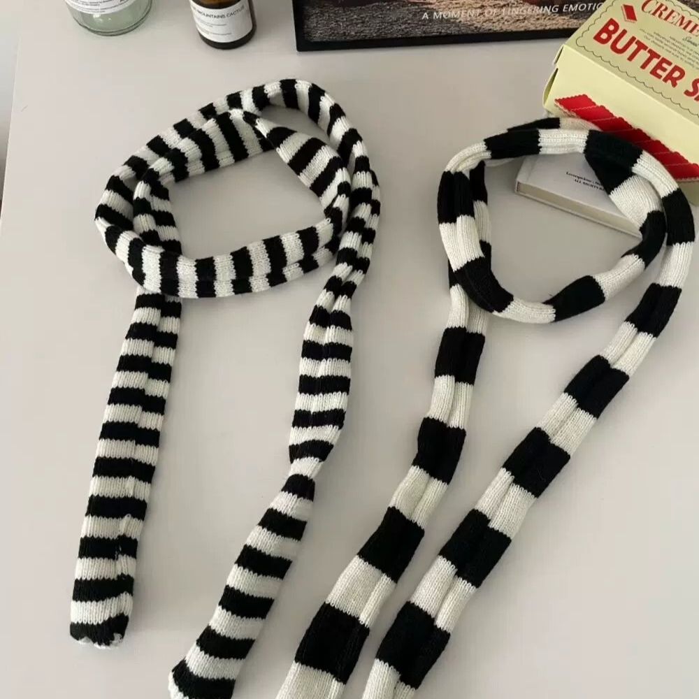 Bufanda a rayas blancas y negras Y2K, bufandas tejidas ajustadas y estrechas Harajuku para mujer, decoración, calentador de cuello grueso, bufanda larga con lazo