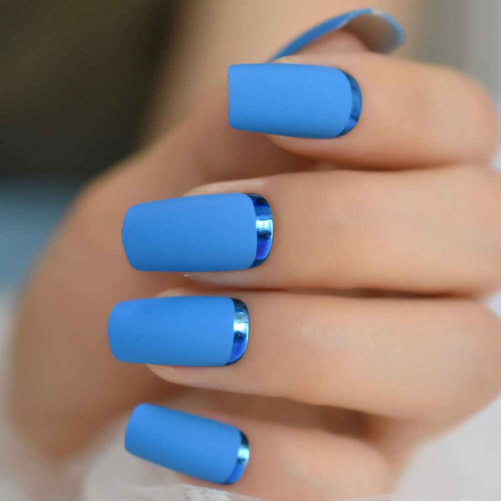 Medium Square Nail Art Tips Matte Plastic Artificial Fingernails Blue Simple Unique False Nails For Nail Art