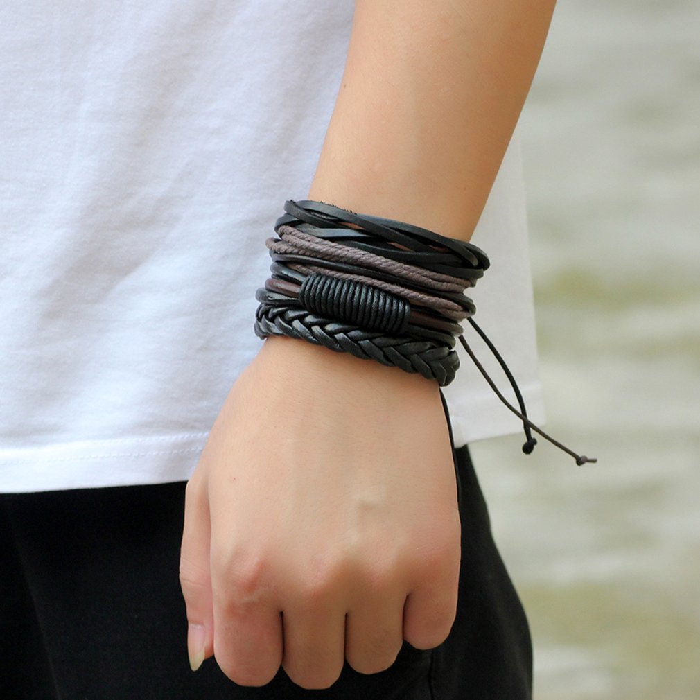 4PCS/PACK Punk Style Vintage Handmade PU Leather Braided DIY Men Black Brown Casual Bracelets Jewelry Accessories