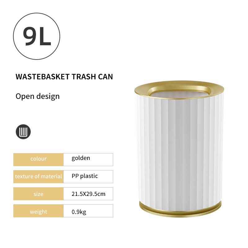 15L Kitchen Bathroom Trash Can with Handle Golden Luxury Square Trash Bin Office Paper Recycling Wastebasket Storage Box: 9L gold