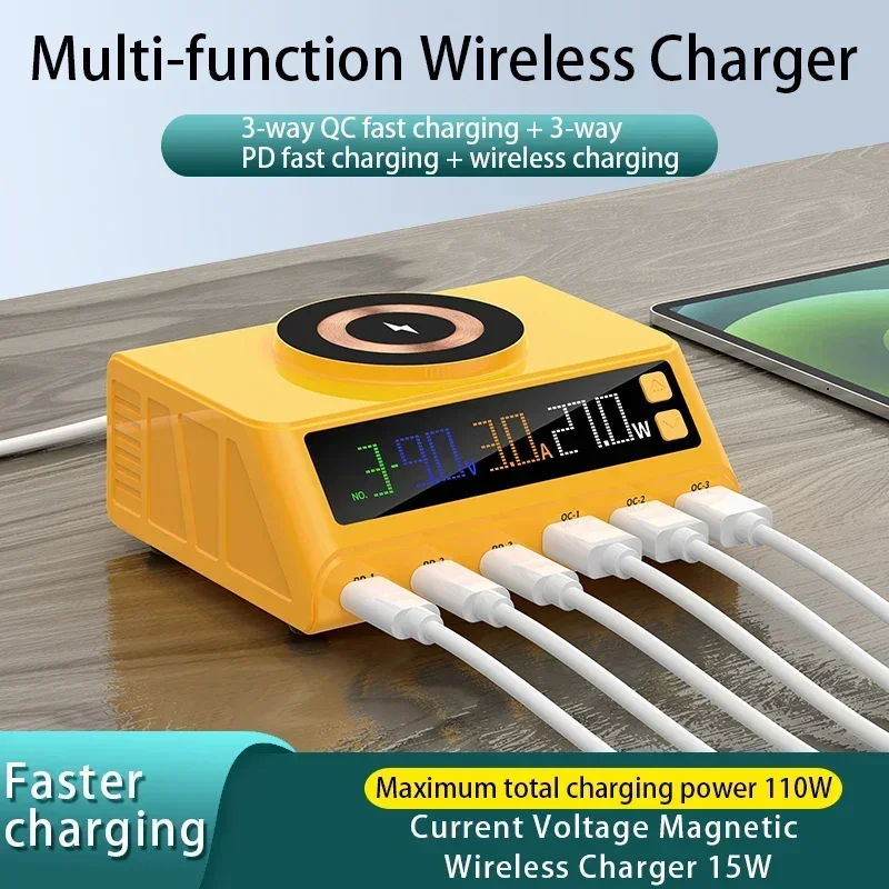 110W Multi-Port Charger Universal PD+QC3.0 Fast Charging for iPhone 16 15 14 13 12 Digital Display Magnetic Wireless Charging