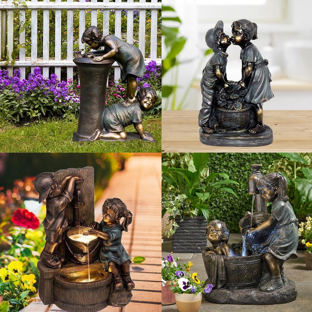 Boy And Girl Garden Statue Resin Waterfall Water Flow Ornament Outdoor For Home Yard Garden Desktop Sculptures Office Decor