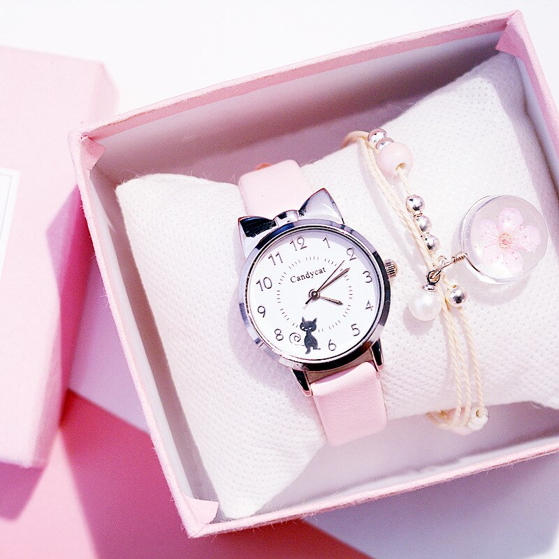 Miss chat noir montre à Quartz femmes bracelet en cuir décontracté montres filles mignon chat cadran forme rose montre-bracelet: Pink