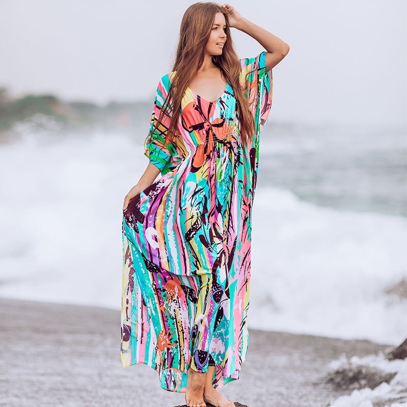 Strand Kaftan Bohemian Losse Zomer Maxi Jurk Katoenen Tuniek Vrouwen Beachwear Badpak Cover Up