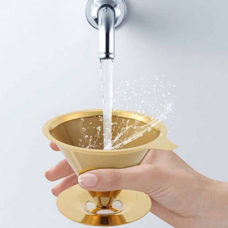 Coffee Filter Double Wall Stainless Steel Titanium Gold Poured Onto The Coffee Drip Filter With Cup Holder And Handle