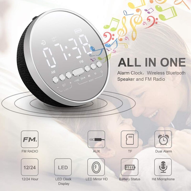 Vekkerklokke, digital vekkerklokkeradio med fm-radio, led dobbel vekkerklokke for soverom og bluetooth-høyttaler, aux-in, batterirygg