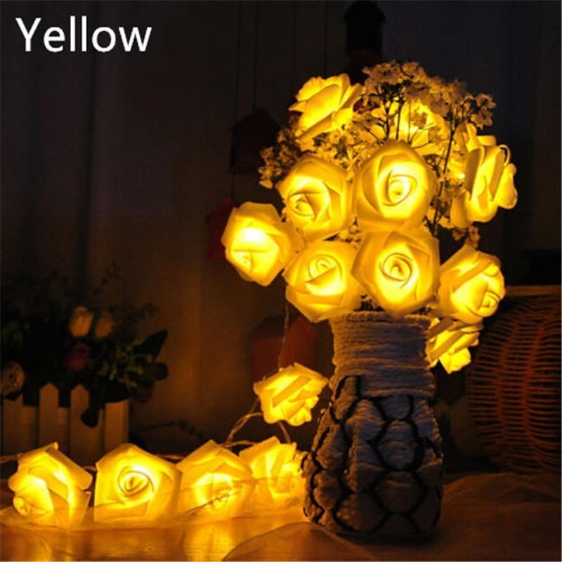 20 LEDs Rose Flower Fairy String Lights Battery Powered Romantic Floral Lamp Wedding Valentine's Day Event Party Garland Decor: yellow