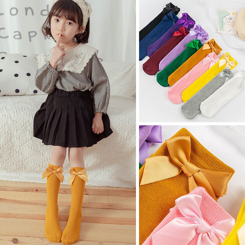 Jambières en coton pour bébé fille, bas en dentelle avec double aiguille et nœud papillon, tenue chaude pour les jambes,