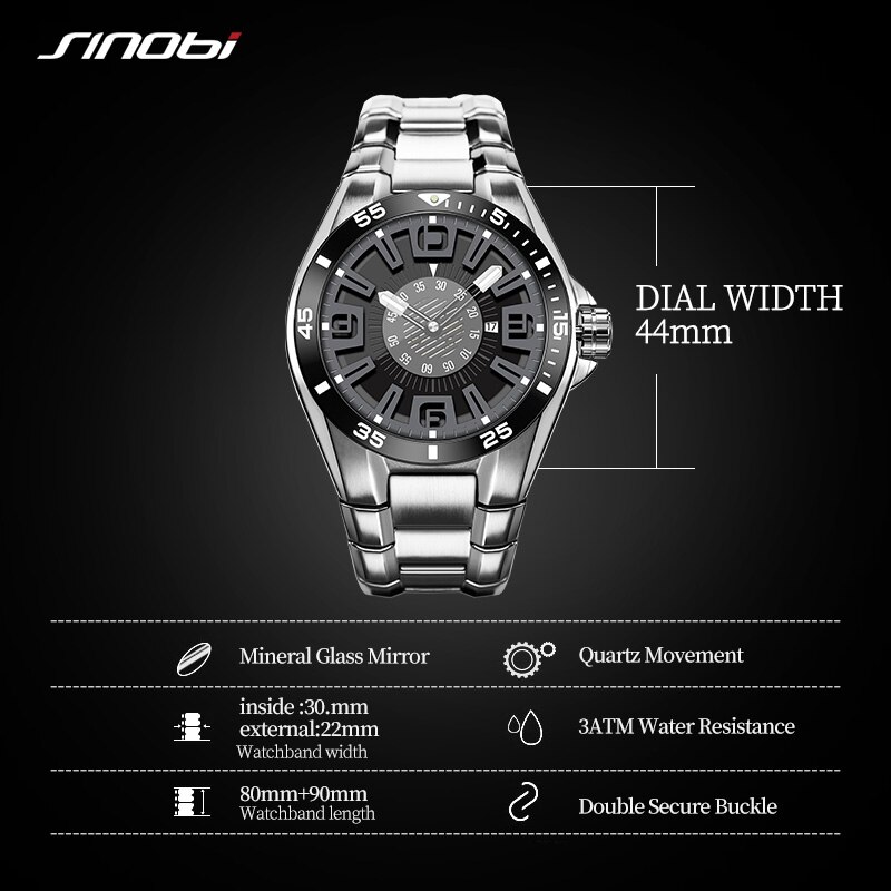Sinobi 100% Rvs Luxe Heren Horloges Lichtgevende Waterdicht Mannetjes Quartz Sport Horloge Reloj Hombre