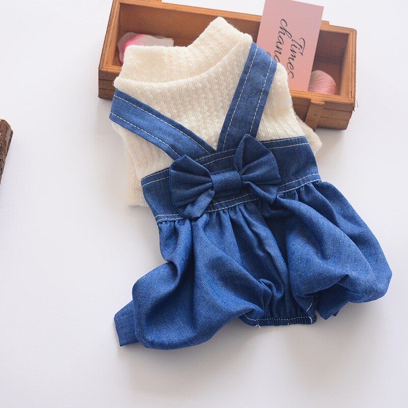 Thin Section Female Dog Clothes Spring and Summer Dog Skirt Siamese Denim Overalls Chihuahua Yorkshire Pet Accessories: chun / XL