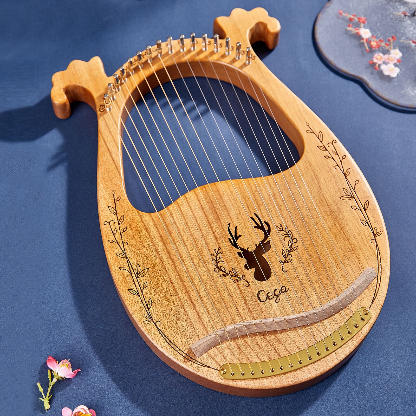 16-String Wooden Lyre Harp Resonance Box String Instrument with Tuning Wrench 3pcs Picks Sticker Extra Set of Strings