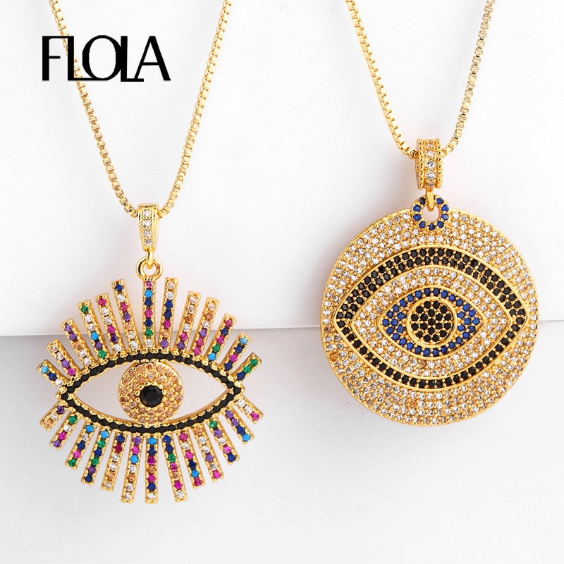 FLOLA-collier avec des yeux grecs remplis d'or, pendentif en mauvais œil pour femmes, CZ arc-en-ciel, bijou turco, nkep47