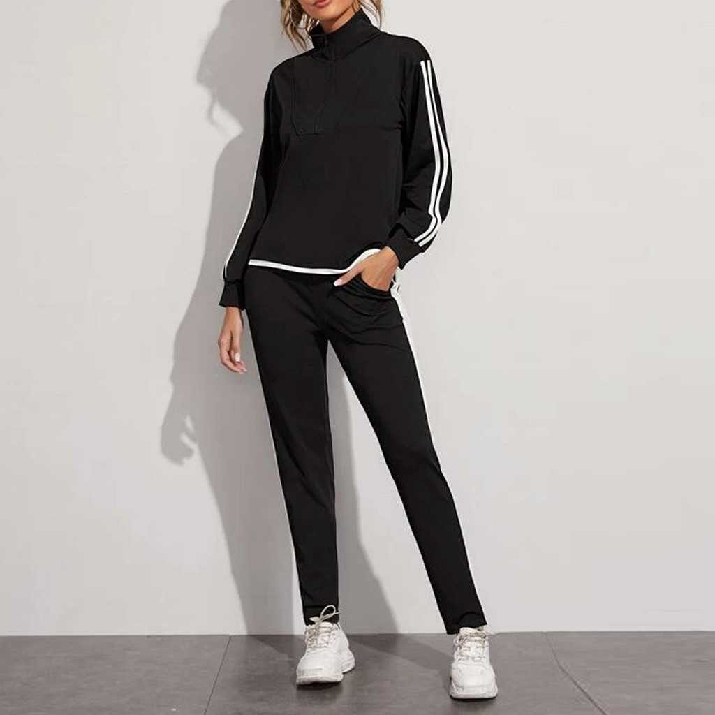 Spring Women Splice Two Piece Sportwear Zipper Long Sleeve Topd Pocket Sports Casual Long Pants Set Tracksuit Clothing Suit#g4