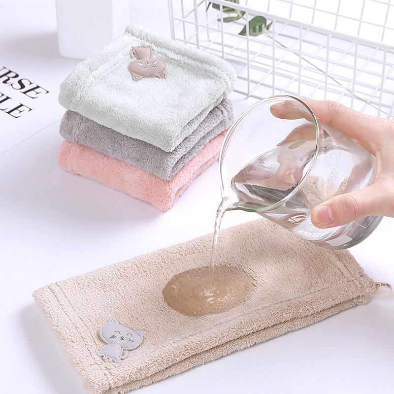 Coral Fleece Handdoek Keuken Handdoek 1Pc 25*25Cm Zachte Extreme Comfort Vierkante Kat Patch Borduren Handdoeken roze Groen Grijs