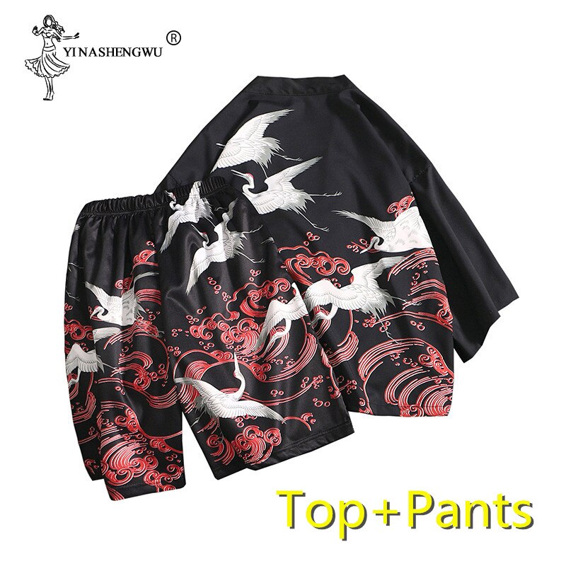 Kimonos Femme Kimono Cardigan Men Yukata Women Men Japanese Kimono Traditional Top and Pants Sets Summer Beach Thin Casual Shirt: top and pants / L