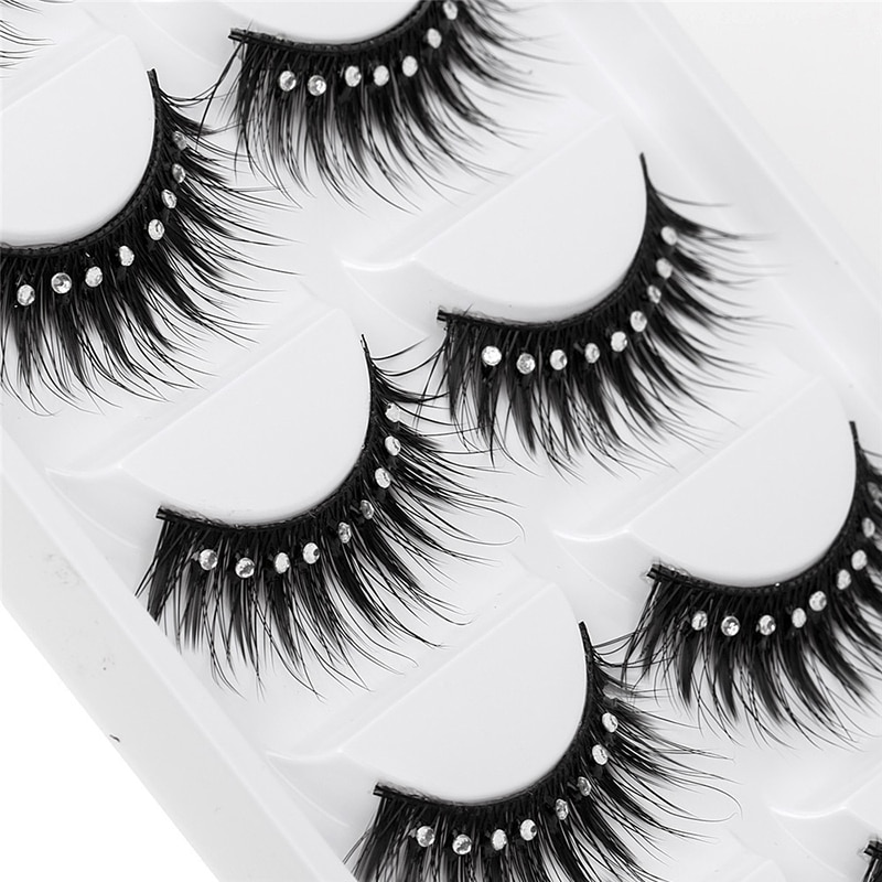 5 par scen makeup förlängning ögonfransar svarta långa med 9 diamanter dekoration lyxig naturlig rörig fluffig volym fransar mycket