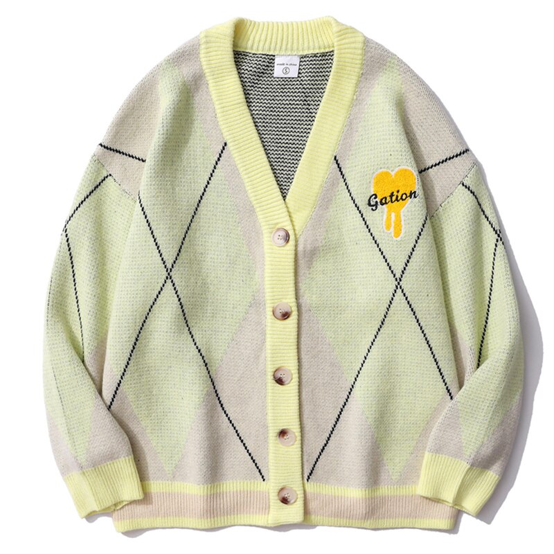Cárdigan con bordado de letras peludas para hombre, suéter con corazón americano, Jacquard, a cuadros de diamantes, informal, cuello en V, abrigo de gran tamaño