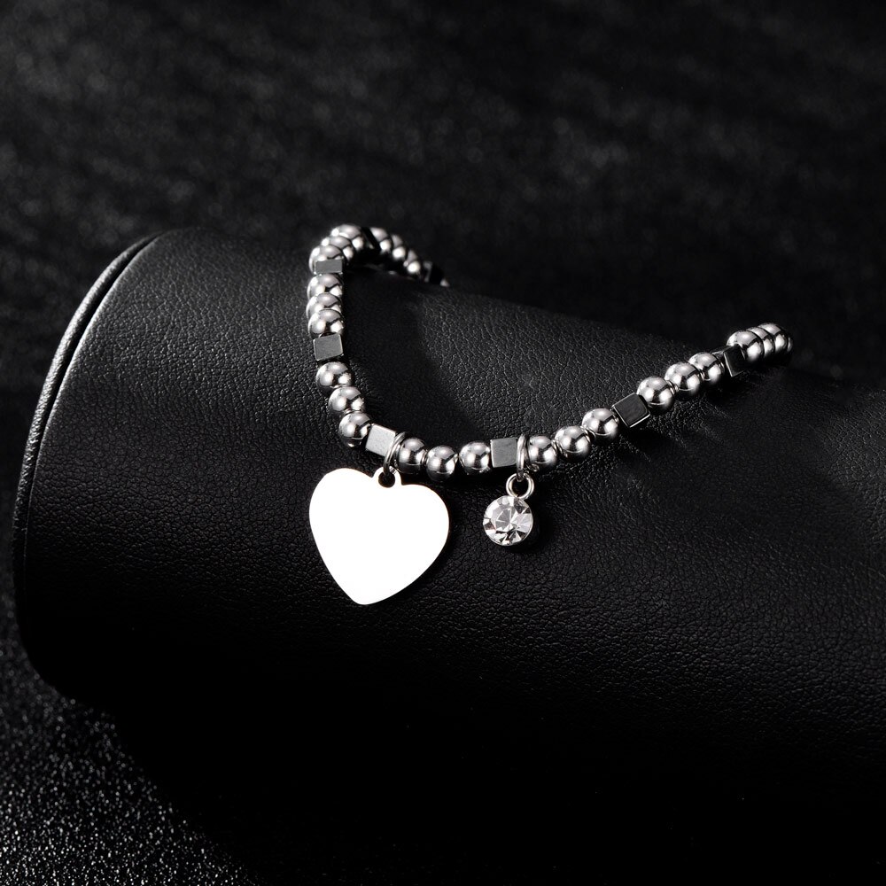 Pulsera colgante de corazón de acero inoxidable para mujer, pulsera brillante con cuentas de cristal CZ, pulseras para mujer, ,