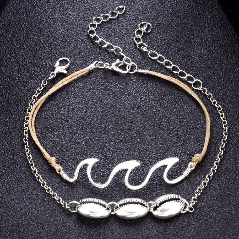 2PC Bohemia Wave Anklets Alloy Bracelets for Women Rope Beach Anklet Jewelry Ankle Bracelet Women