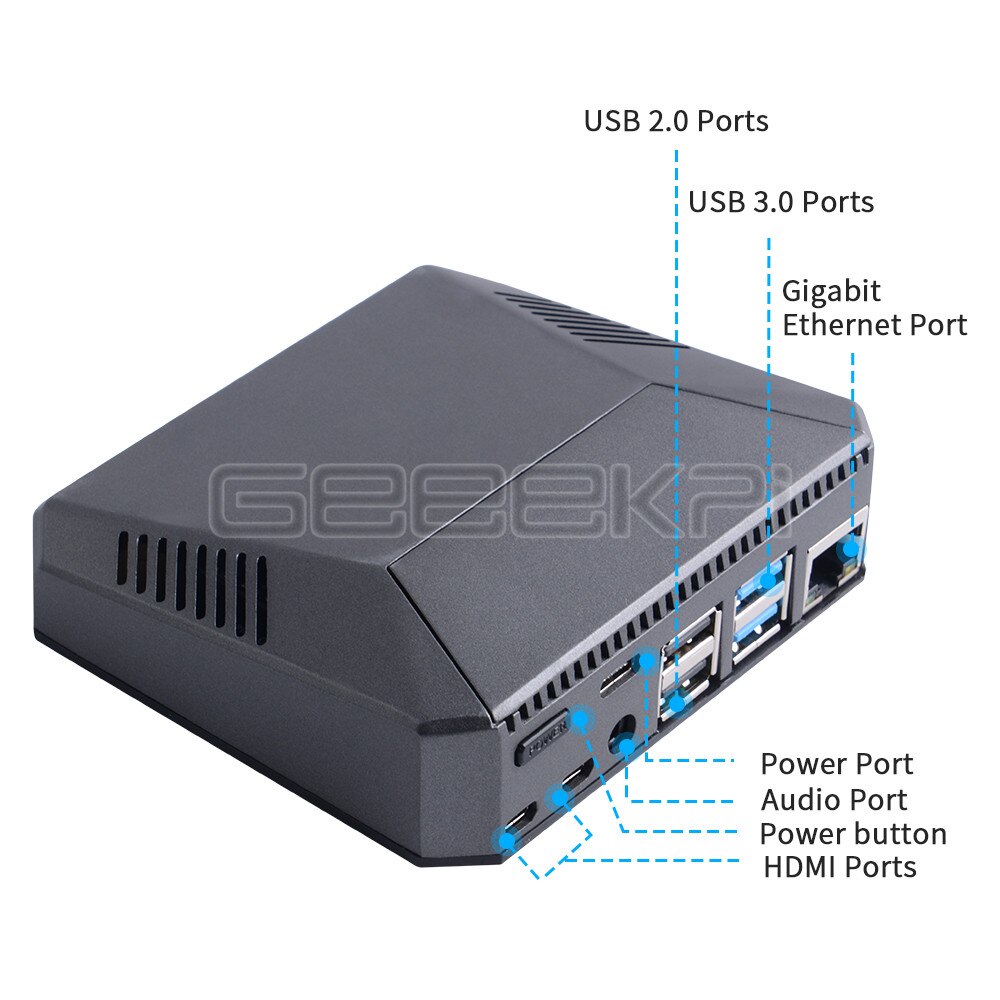 Geeekpi raspberry  pi 4 model b behuizing aluminium metalen abs behuizing met aan/uit-schakelaar + koelventilator + koellichamen