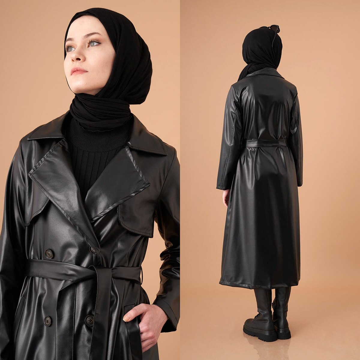 musulmana-gabardina larga de piel sintética con doble botonadura para mujer, cinturón, prendas de vestir, ropa islámica,