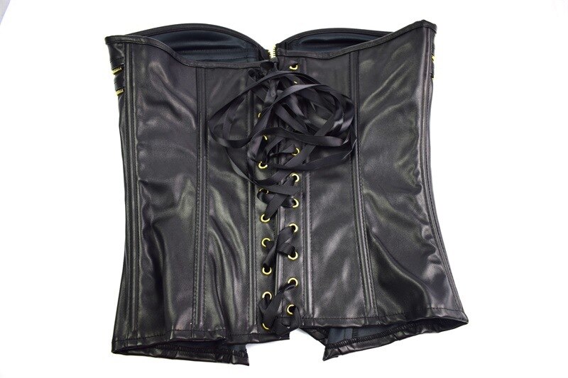 Punk Style Push Up Women&#39;S Slimming Body Overbust Shapewear Gothic Faux Leather Bustier Corset With Zip Waist Trainer Black