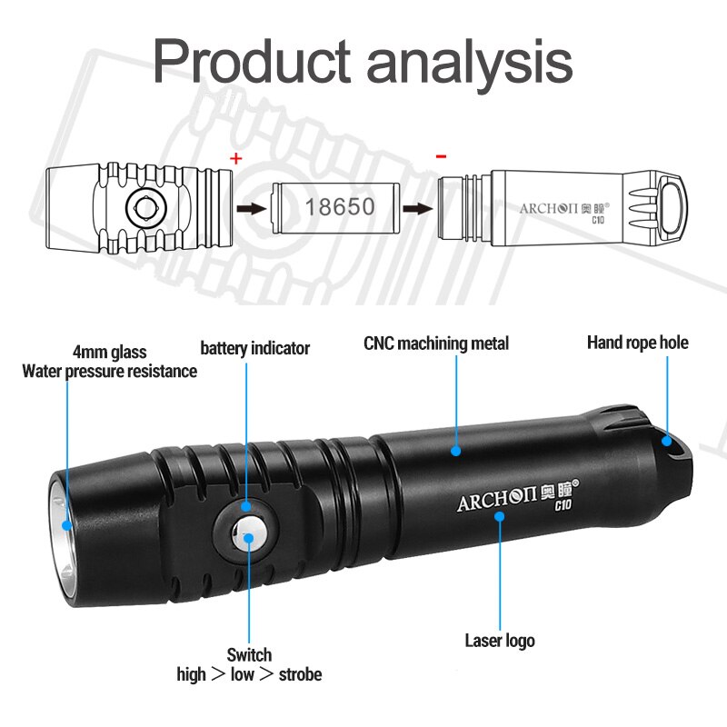 C10, linterna de buceo portátil con carga USB 1200lume, linterna subacuática de 100m, lámpara de iluminación para buceo, luz estroboscópica para buceo