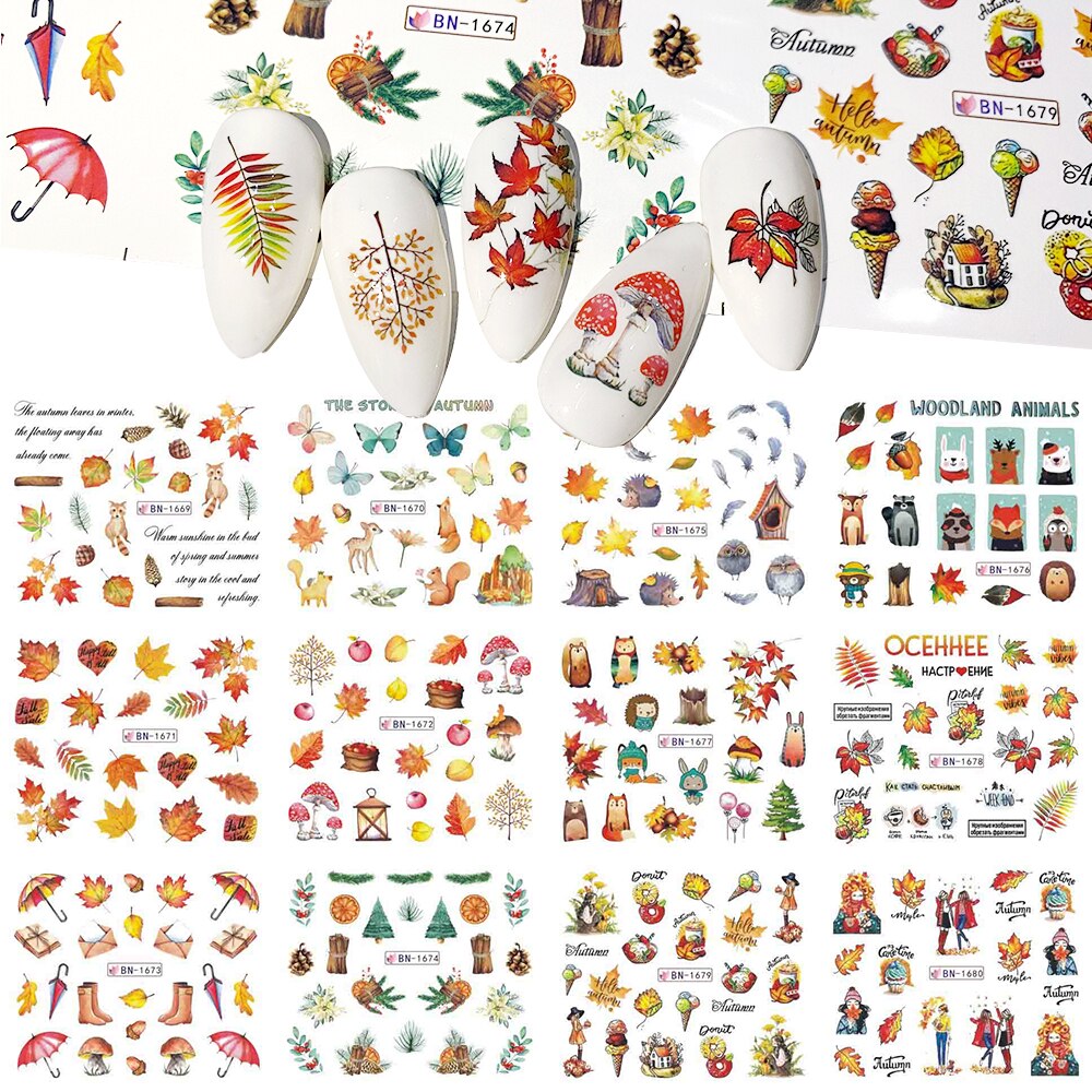 12 Designs Fall Maple Leaves Nail Art Stickers Water Decals Sliders Foil Autumn For Nail Manicure BN1669-1680: BN1669-1680