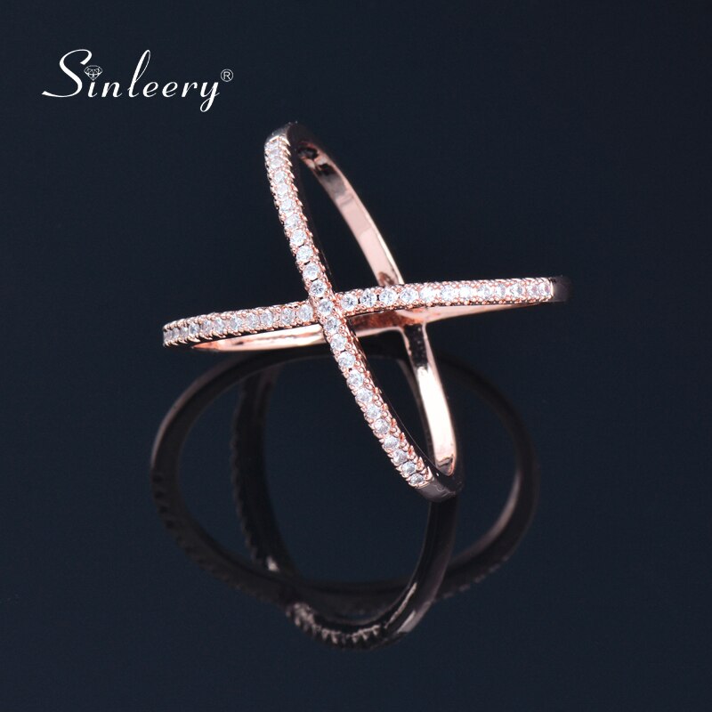 Sinleery Trendy X Vorm Cross Trouwringen Rose Geel Goud Zilver Kleur Micro Verharde Crystal Ringen Voor Vrouwen Sieraden JZ008 ssb: 7 / rose gold plated
