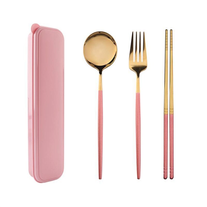 European Portable Dinner Set Cutlery Stainless Steel Knife Fork Spoon Chopsticks Dinnerware Set with Box Kitchen Tableware: Pink C